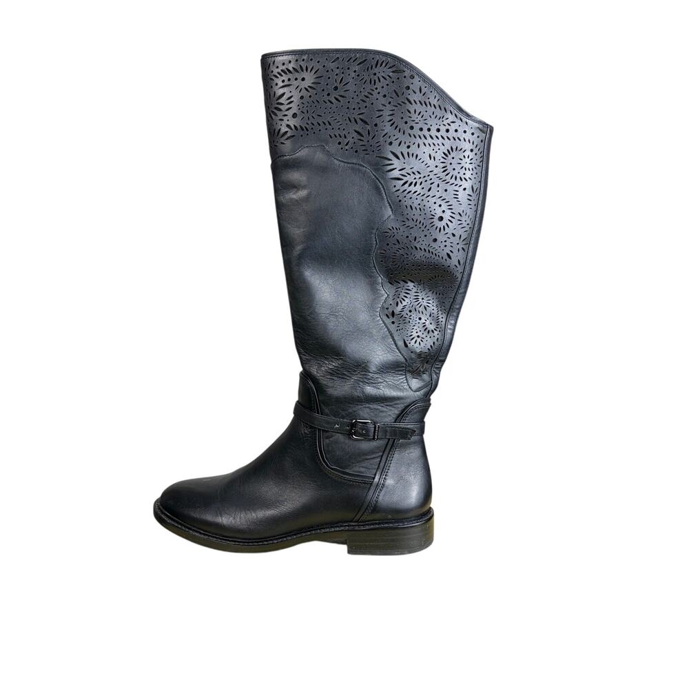 Gianni Bini Black Leather Laser Cut Tall Riding Boots Size 7M Wide Calf